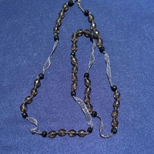 Elegant Smoky Brown Bead Necklace with jet beads and ribbon